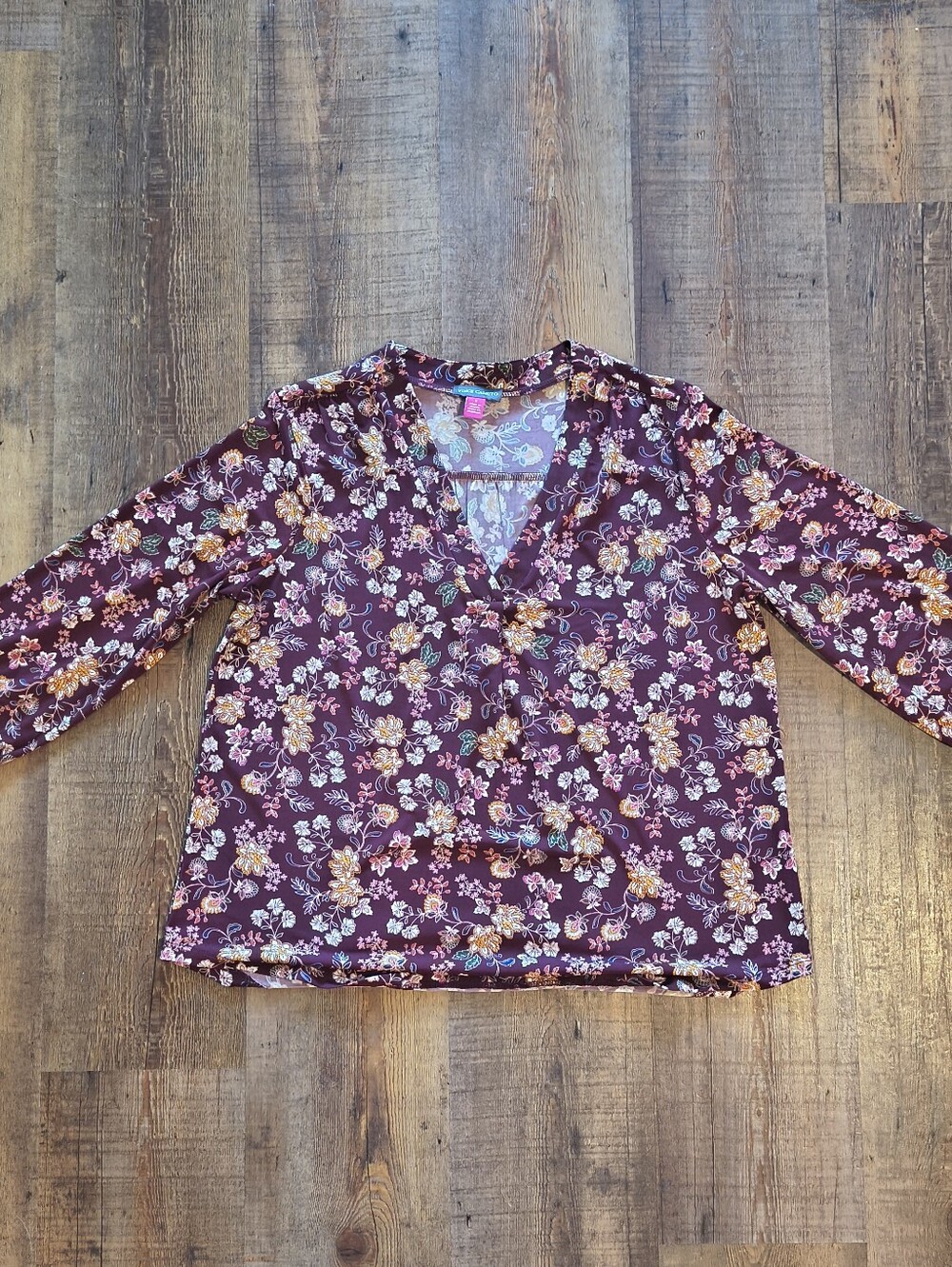 Vince Camuto Burgundy Maroon Multi Floral V-Neck Long Sleeved Office Blouse - Picture 2 of 7